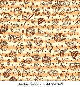 Forest autumn background. Hand drawn doodle Ornamental Acorns and oak leaves vector seamless pattern. 