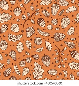 Forest autumn background. Ornamental Acorns and oak leaves vector seamless pattern. Hand drawn doodle acorn, leaf, oak