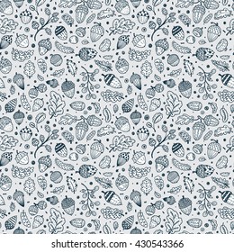 Forest autumn background. Ornamental Acorns and oak leaves vector seamless pattern. Hand drawn doodle acorn, leaf, oak