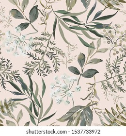 Forest Autumn Dark Greenery Background. Vector Seamless Pattern. Gray Leaves, Fern Print. Floral Design. Nature Illustration