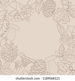 Forest autumn fall frame wreath vector pine cone mushroom leaves spring hand drawn berries card invitation branch summer nature