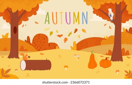 Forest autumn landscape with squirrel and bird, pumpkins and mushroom. Fall leaves falling, decorative seasonal background with textures trees