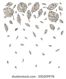 Forest autumn leaves background. Vector. Hand drawn artwork. Set collection. Bohemia concept invitations, cards, tickets, branding, logo, label. Web and mobile interface template. Black, white, beige