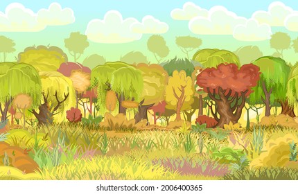 Forest autumn meadow. Green, yellow, red trees. Edge with grass. Glade and bushes. Beautiful and graceful trees. Bright sky. Flat style. The end of the summer. Cartoon design. Vector