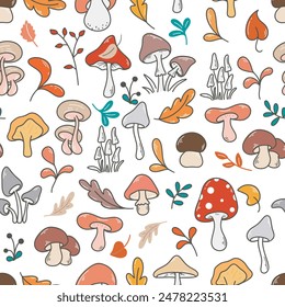 Forest autumn mushroom seamless pattern. Background with different mushrooms, foliage and herbs. Boletuses, chanterelles, toadstools, fly agarics,chanterelles and more. Fall mushroom harvest print