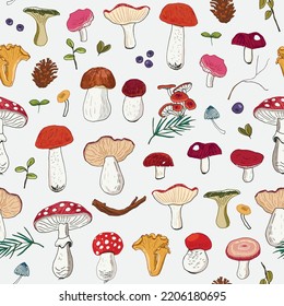 Forest autumn mushrooms vector seamless pattern.