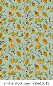 Forest autumn pattern for textile, background, wallpaper and cover use. Vector illustration with oak leaf, sand thorn and green elements.