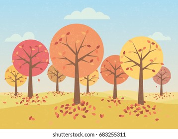 Forest in autumn retro styled illustration with grunge texture