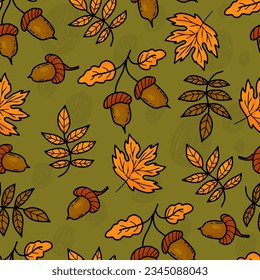 Forest autumn seamless pattern. Acorns with colorful autumn leaves on green background. Vector illustration Colorful autumnal background for design, packaging, wallpaper and textile.