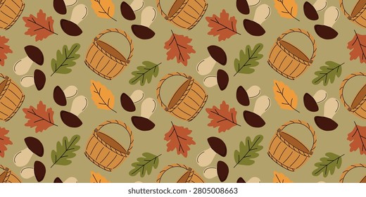 Forest Autumn Seamless Pattern with Baskets, Mushrooms, Acorns and Fall Leaves. Seamless pattern featuring wooden baskets, wild mushrooms, acorns, and colorful autumn leaves on soft olive green background for fall textiles, kitchen decor, wallpaper, packaging, greeting cards.