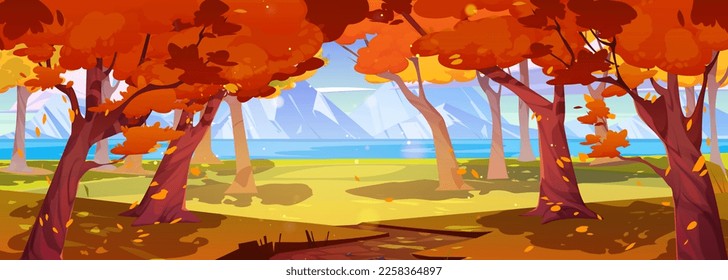 Forest autumn valley scene with lake, mountain. Nature panorama, fall landscape with river, meadows with orange grass, hills and rocks on horizon, vector cartoon illustration