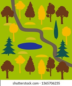 Forest autumn vector background with different trees, lake, path