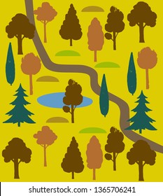 Forest autumn vector background with different trees, lake, path