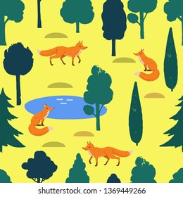 Forest autumn vector seamless pattern with different trees, lake, fox