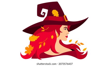 Forest autumn witch in magic hat. Young pretty sorcerer, wizard costume, long fluttering hair, beautiful face, autumn leaves. Witchcraft concept. Realistic female portrait for poster, cover, card.