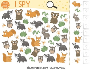 Forest baby animals I spy game for kids. Searching and counting activity for preschool children with little fox, squirrel, bear, frog. Funny woodland printable worksheet for kids. spotting puzzle