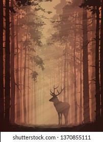 Forest background with an alley of pines and a deer. You can edit the illustration and remove the light rays. Vector