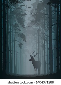 Forest background with an alley of pines and a deer. Vector illustration