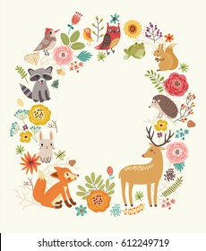 Forest background with animals and flowers.