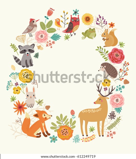 Arriere Plan Foret Avec Animaux Et Fleurs Image Vectorielle De Stock Libre De Droits