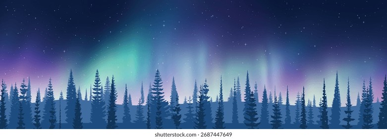 Floresta no fundo da aurora boreal, ilustração de inverno, natureza do norte, vista panorâmica