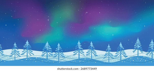 Forest in the background of aurora borealis, winter illustration, northern nature, panoramic view