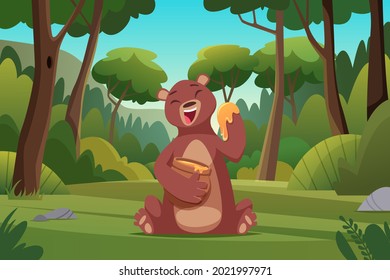 Forest background. Bear walking in forest wild brown animal in cartoon style exact vector picture