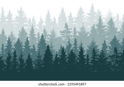 Forest background, beautiful landscape wallpaper. Silhouettes of fir trees. Vector illustration