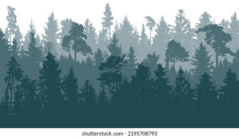 Forest background, beautiful landscape wallpaper. Silhouettes of pines, spruce, deciduous trees. Vector illustration