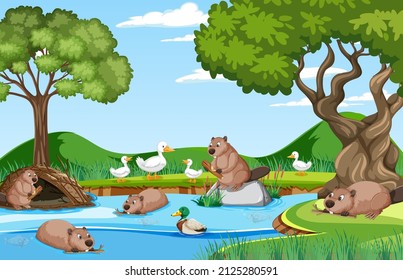 Forest background with beavers and ducks illustration