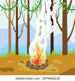 forest background with bonfire, bonfire illustration flat design