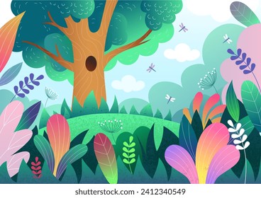 Forest background. Cartoon wild nature. Enchanted garden. Fairytale jungle. Cute woods and meadow plants. Summer park. Spring flowers. Magic landscape. Fantasy scenic scenery. Vector tidy illustration