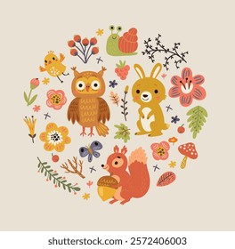 Forest background with cute animals and flowers