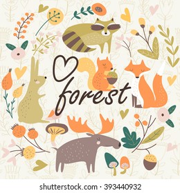 Forest background with cute hare, fox, raccoon, elk and forest plants and mushrooms in cartoon style