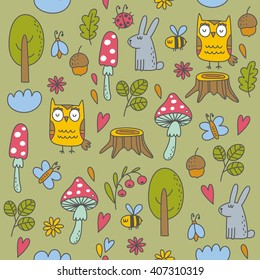 Forest background with cute owl,  flowers and mushrooms