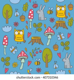 Forest background with cute owl,  flowers and mushrooms