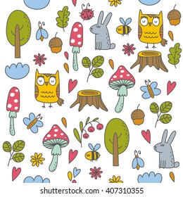 Forest background with cute owl,  flowers and mushrooms