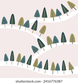 Forest background. deciduous trees, conifers, spruce, fir tree, pine