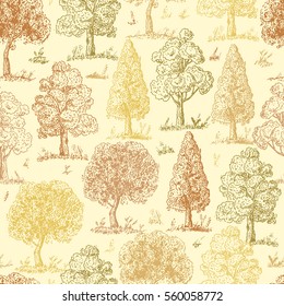 Forest background. Deciduous Trees Seamless pattern. Hand Drawn Tree Sketch. Ink pen drawing. Vector illustration