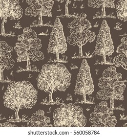 Forest background. Deciduous Trees Seamless pattern. Hand Drawn Tree Sketch. Ink pen drawing. Vector illustration