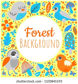 Forest background with decorative designs birds flowers leaves