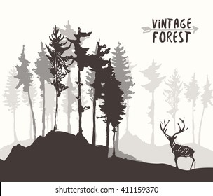 Forest background, design template with pine tree and deer silhouette, hand drawn vector illustration
