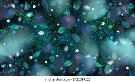 Forest background with fir tree, wild berries and spring leaves vector illustration