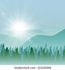 Forest background with fir trees and mountains, and morning sun with rays.