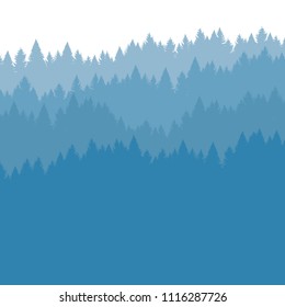 Forest background in the fog, coniferous trees. Vector illustration. Landscape with woods, silhouette