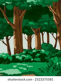 Forest background green nature trees and grass illustration vector