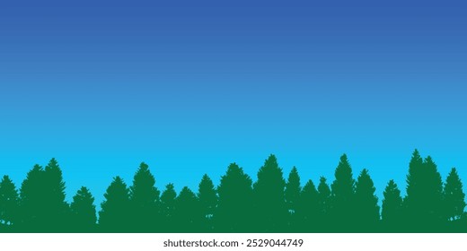 Forest background. Green silhouette of forest fir trees on the background of blue sky Vector graphic