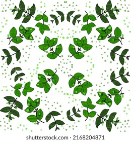 Forest background of green twigs with leaves, flowers, dots, spots on a white background, grunge. Festive vector illustration.
