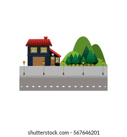 forest background with house in the street