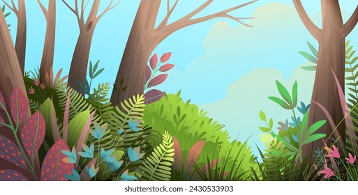 Forest background illustration for kids fairytale, cartoon magical woods. Nature with trees leaves and flowers, fantasy forest scenery for children. Vector illustration in watercolor style.